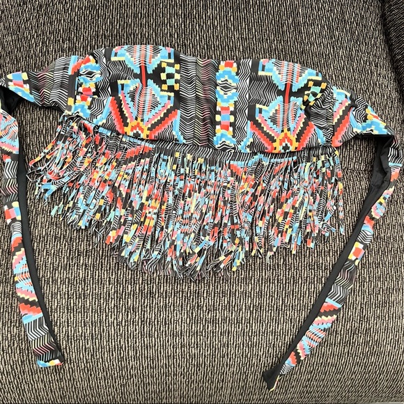 L*Space Strapless Reversible Tribal Black & Multi-Color Fringe Bikini Top Sz S - Picture 2 of 11